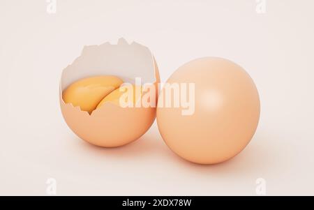 Zerbrochene Doppeldotter-Eier, 3D-Rendering. 3D-Abbildung. Stockfoto