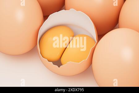 Zerbrochene Doppeldotter-Eier, 3D-Rendering. 3D-Abbildung. Stockfoto