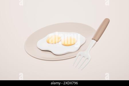 Spiegelei im Cartoon-Stil auf dem Teller, 3D-Rendering. 3D-Abbildung. Stockfoto