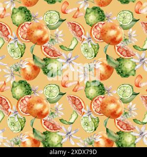 Gemischte Zitrusfrüchte mit weißen Blüten nahtloses Aquarellmuster isoliert auf Orange. Handgezeichnete Grapefruit, Bergamotte mit hellorangegrüner Schale Stockfoto