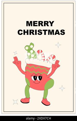 Vertikales Weihnachtsbanner mit groovigem Charakter. Grooviger Weihnachtscharakter mit y2k Elements Poster oder Grußkarte. Frohes neues Jahr und Weihnachten Templat Stock Vektor