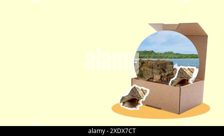 Öffnete eine Kiste mit einem Strand und einem blauen Himmel auf einem farbigen Hintergrund. Collage-Kunst Stockfoto