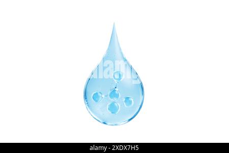 Blauer flüssiger Wassertropfen und Molekül, 3D-Rendering. 3D-Abbildung. Stockfoto