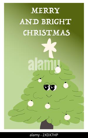 Vertikales Weihnachtsbanner mit groovigem Charakter. Weihnachten y2k Charakter und Elemente Hintergrund. Happy New Year and Christmas Template im Retro-Stil. Stock Vektor