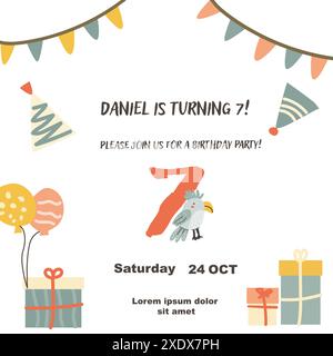 Poster für Geburtstagseinladungen für Kinder. Kann für Geburtstagsfeier verwendet werden, kindliches Design. Niedliche Tiere und Geschenke. Tropische Tierparty lädt zu Backgro ein Stock Vektor