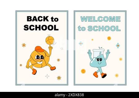 Schulplakate mit groovigen Charakteren. Schreibwaren mit y2k-Schulelementen Hintergrund. Retro 60er und 70er Jahre, y2k vertikale Banner für Back to sch Stock Vektor