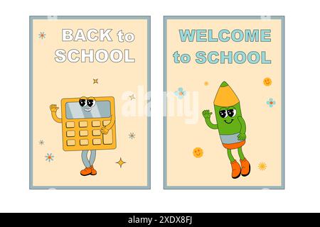 Schulplakate mit groovigen Charakteren. Schreibwaren mit y2k-Schulelementen Hintergrund. Retro 60er und 70er Jahre, y2k vertikale Banner für Back to sch Stock Vektor