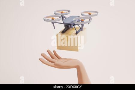 Realistische Drohne mit der Box, 3D-Rendering. 3D-Abbildung. Stockfoto