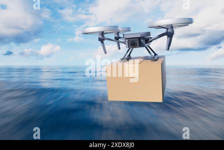 Realistische Drohne mit der Box, 3D-Rendering. 3D-Abbildung. Stockfoto