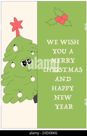 Vertikales Weihnachtsbanner mit groovigem Charakter. Grooviger Weihnachtscharakter mit y2k Elements Poster oder Grußkarte. Frohes neues Jahr und Weihnachten Templat Stock Vektor