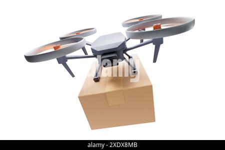 Realistische Drohne mit der Box, 3D-Rendering. 3D-Abbildung. Stockfoto