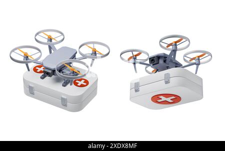 Realistische Drohne mit der ersten-Hilfe-medizinischen Box, 3D-Rendering. 3D-Abbildung. Stockfoto