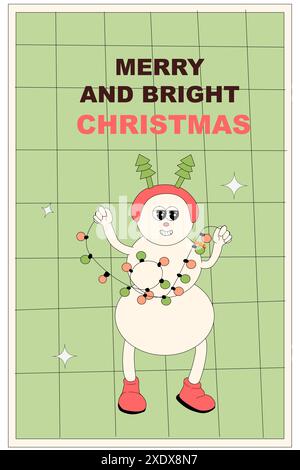 Vertikales Weihnachtsbanner mit groovigem Charakter. Grooviger Weihnachtscharakter mit y2k Elements Poster oder Grußkarte. Frohes neues Jahr und Weihnachten Templat Stock Vektor