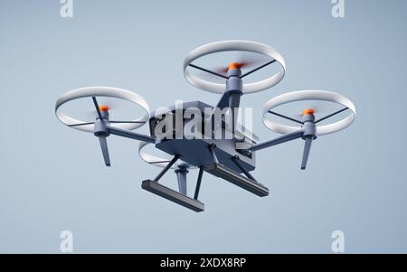 Fliegende realistische Drohne, 3D-Rendering. 3D-Abbildung. Stockfoto