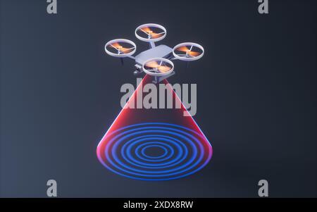 Fliegende realistische Drohne, 3D-Rendering. 3D-Abbildung. Stockfoto