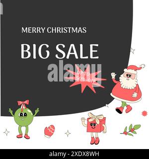 Weihnachtliches grooviges Banner mit Zeichentrickfiguren. Weihnachtsmarkt Hintergrund. Bannervorlage für frohe Weihnachten und Happy New Year. Grooviger y2k-Charakter Stock Vektor