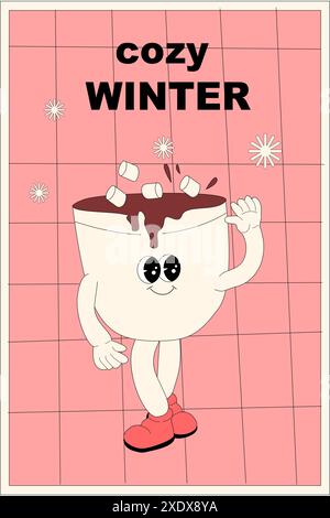 Vertikales Weihnachtsbanner mit groovigem Charakter. Grooviger Weihnachtscharakter mit y2k Elements Poster oder Grußkarte. Frohes neues Jahr und Weihnachten Templat Stock Vektor