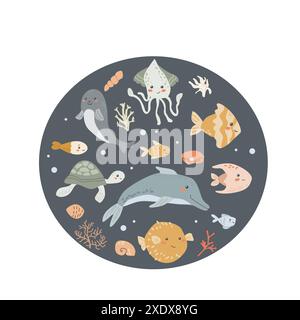 Kinder Meerestier Hintergrund mit Muschel. Karte für nautische Elemente. Niedliche Fische oder Meeresbewohner mit Algen, Muscheln. Meerestiere, Meerestiere Stock Vektor