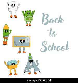 y2k-Hintergrund mit Schulfiguren im Retro-Stil der 80er Jahre. Zurück zur Schule, quadratisches Banner oder Poster. Schulbedarf oder Schreibwaren für Kinder - cu Stock Vektor
