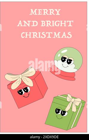 Vertikales Weihnachtsbanner mit groovigem Charakter. Grooviger Weihnachtscharakter mit y2k Elements Poster oder Grußkarte. Frohes neues Jahr und Weihnachten Templat Stock Vektor