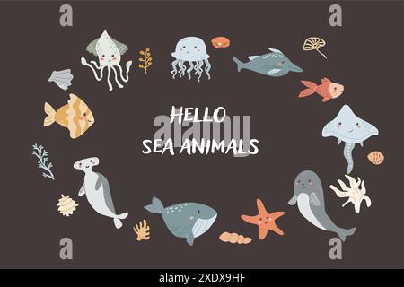 Niedlicher Meeresrahmen mit Meerestieren, Muscheln, Delfinen und anderen Meeresbewohnern. Kinderzimmer in Pastelltönen. Kinder Meerestiere Hintergrund. Stock Vektor