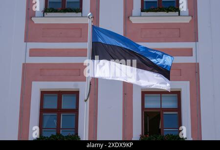 Tartu, Estland. Juni 2024. Die Flagge Estlands fliegt auf einem Gebäude. Quelle: Jens Kalaene/dpa/Alamy Live News Stockfoto