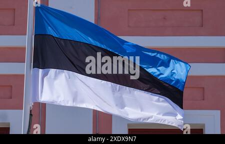 Tartu, Estland. Juni 2024. Die Flagge Estlands fliegt auf einem Gebäude. Quelle: Jens Kalaene/dpa/Alamy Live News Stockfoto