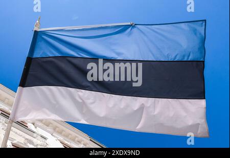 Tartu, Estland. Juni 2024. Die Flagge Estlands fliegt auf einem Gebäude. Quelle: Jens Kalaene/dpa/Alamy Live News Stockfoto