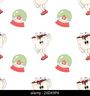 Happy New Year-Muster mit y2k-Elementen. Groovige Charakterhintergründe mit weihnachtsmann, Schneeball, Weihnachtsbaum, Geschenken. Weihnachtliches, grooviges Hippie-Muster mit R Stock Vektor