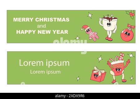 y2k Neujahrsbanner mit groovigen weihnachtsfiguren und anderen Feiertagselementen. Hintergrund für groovige Weihnachtsfiguren. Horizontales weihnachtsbanner. Stock Vektor