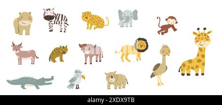 Kindertierset. Afrikanischer Elefant, Löwe, Nashorn, Affe, Zebra, Leopard, Hyäne und andere süße tropische Tiere. Sammlung kindlicher Chara Stock Vektor