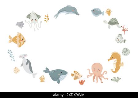 Niedlicher Meeresrahmen mit Meerestieren, Muscheln, Delfinen und anderen Meeresbewohnern. Kinderzimmer in Pastelltönen. Kinder Meerestiere Hintergrund. Stock Vektor