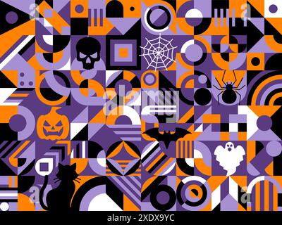 Abstraktes, modernes geometrisches Muster für Halloween-Feiertage. Vektorhintergrund, Ornament oder Fliese mit auffälligen einfachen Formen, lebhaften Farben, gruseligen Elementen wie Schädel, Kürbis, Geist und Fledermaus, Katze oder Spinne Stock Vektor