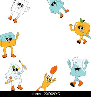 Zurück in die Schule y2k grooviger Rahmen mit Vorräten. Kinder Schulelemente Hintergrund isoliert mit Cartoon Retro y2k Charakteren. Schwarzes Brett, Notizbuch, Stock Vektor