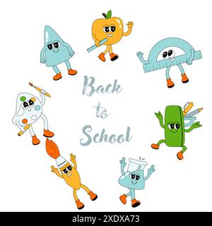 y2k-Hintergrund mit Schulfiguren im Retro-Stil der 80er Jahre. Zurück zur Schule, quadratisches Banner oder Poster. Schulbedarf oder Schreibwaren für Kinder - cu Stock Vektor