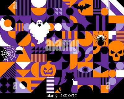 Halloween abstrakte moderne geometrische Muster, kreative Vektorverzierung mit leuchtenden orange, weißen oder lila Farben und gruseligen Elementen wie Schädel, Kürbis, Geist und Fledermaus, Katze oder Spinnennetz Stock Vektor