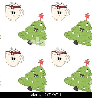 Happy New Year-Muster mit y2k-Elementen. Groovige Charakterhintergründe mit weihnachtsmann, Schneeball, Weihnachtsbaum, Geschenken. Weihnachtliches, grooviges Hippie-Muster mit R Stock Vektor