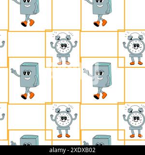 y2k-Schule mit groovigem, nahtlosem Muster. Kindermuster mit Schulutensilien und y2k-Elementen. Bildung wiederholt Hintergrund mit Schreibwaren, trendige re Stock Vektor