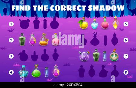 Halloween-Kinderspiel. Helfen Sie, den richtigen Schatten für Tränkflaschen zu finden. Kinder Vektor-Matching Quiz Arbeitsblatt mit Cartoon Brauflasche Silhouetten. Kinder logischen Aktivität, pädagogisches Rätsel oder Freizeitaufgabe Stock Vektor