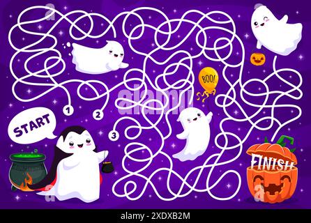 Halloween Labyrinth Labyrinth Spiel, Geist findet einen Weg zum Kürbis. Finden Sie Way Kinder Spiel Arbeitsblatt, Suchpfad Kinder Vektor Puzzle oder Labyrinth Seite mit fröhlichen Kawaii Geisterfiguren an Halloween Weihnachten Stock Vektor