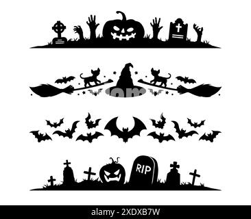 Gruselige Silhouetten auf Halloween-Trennwänden oder -Borten, Weihnachtsdekoration. Schwarze horizontale Vektorrahmen mit Friedhof, Kürbissen, Grabsteinen, Gräbern und Hexenhut, Katze auf Besen, Fledermäuse und Zombiehände Stock Vektor