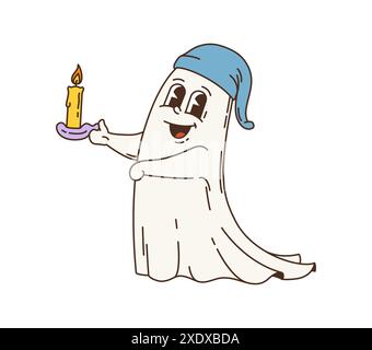 Cartoon Retro-groovige Halloween-Geisterfigur. Isolierter Vektor-freundlicher Spuk, der einen blauen Schlummertrunk trägt und fröhlich eine Kerze hält. Lustiges Vintage-Hippie-Phantom mit einem verspielten Lächeln wandert nachts Stock Vektor
