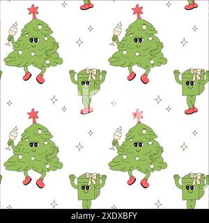 Happy New Year-Muster mit y2k-Elementen. Groovige Charakterhintergründe mit weihnachtsmann, Schneeball, Weihnachtsbaum, Geschenken. Weihnachtliches, grooviges Hippie-Muster mit R Stock Vektor