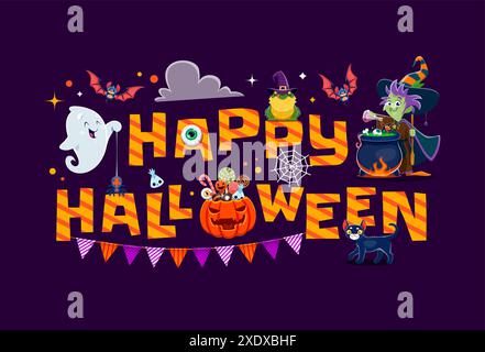 Happy Halloween Banner. Zeichentrickhexe, Kawaii-Geist und Süßigkeiten-Eimer. Oktober Party oder Herbst Feiertag festliches Vektor horizontales Banner, Herbst Saison Horror Poster Halloween Monster niedliche Charaktere Stock Vektor