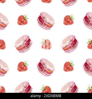 Makaron und Erdbeeren nahtloses Muster. Handgezeichnete Aquarellillustration isoliert auf weißem Hintergrund. Zum Einpacken von Papier, Textilien, Stoff, Cove Stockfoto