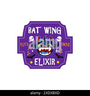 Halloween-Trank-Etikett mit niedlichem Fledermauscharakter. Helloween Season Feier Drink Aufkleber, Herbst Horror Party Brauerei Urlaub Brauen Bier oder Getränke Vektor Aufkleber mit lustigen Fledermaus Monster Persönlichkeit Gesicht Stock Vektor