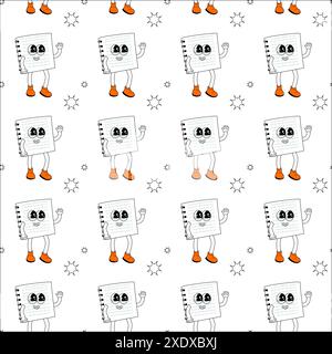 y2k-Schule mit groovigem, nahtlosem Muster. Kindermuster mit Schulutensilien und y2k-Elementen. Bildung wiederholt Hintergrund mit Schreibwaren, trendigen Retro-groovigen Charakteren. Kindliches Design aus Stoff. Stock Vektor