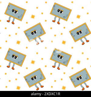 y2k-Schule mit groovigem, nahtlosem Muster. Kindermuster mit Schulutensilien und y2k-Elementen. Bildung wiederholt Hintergrund mit Schreibwaren, trendigen Retro-groovigen Charakteren. Kindliches Design aus Stoff. Stock Vektor