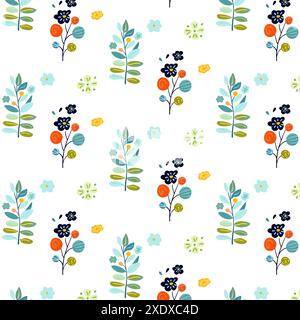 Nahtloses Folk-Muster mit Pflanzen, Blumen und Waldbeeren in hellen, lebhaften Farben. Ideal für Frühlingsdesigns, Textilien und Tapeten. Fängt frischen, verspielten Vibe ein, Folk Art beeinflusst Waldelemente... Stock Vektor