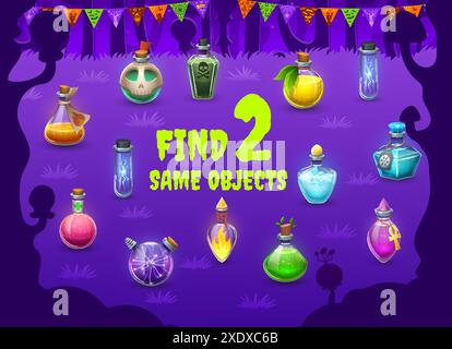 Finde zwei gleiche Halloween Zaubertränke im dunklen Wald. Unterschiede beim Erkennen von Kindern Quiz, Objekte vergleichen das Vektor-Arbeitsblatt für Spielaktivitäten mit einfrierenden, heilenden, Gift- und Liebestränken Stock Vektor